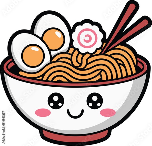 Cute kawaii ramen bowl with noodles, hardboiled eggs, and narutomaki, japanese food cartoon character illustration