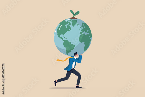 Businessman carrying a large globe with a growing plant for environmental responsibility Vector, illustration