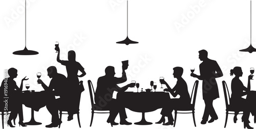 Silhouettes of people dining and socializing in a restaurant