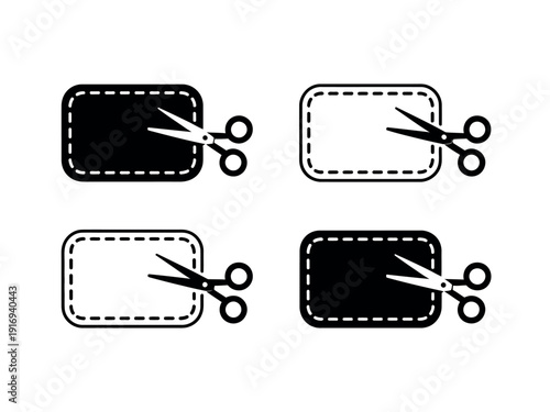 A set of four black and white icons depicting scissors cutting out rectangular labels with dotted lines