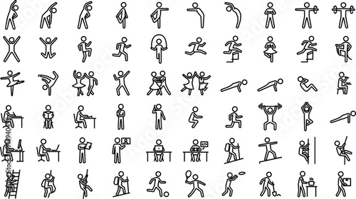 Large Set of Human Stick Figure Icons Representing Diverse Daily Activities Lifestyle Fitness Sports Office Work Hobbies Education Healthy Living and Professional Business Occupations