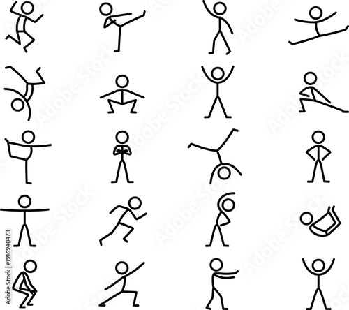 Minimalist Stick Figure Icon Set Showing Various Athletic Poses Including Dancing Stretching Yoga Martial Arts Running And Gymnastics Movements For Healthy Lifestyle Design
