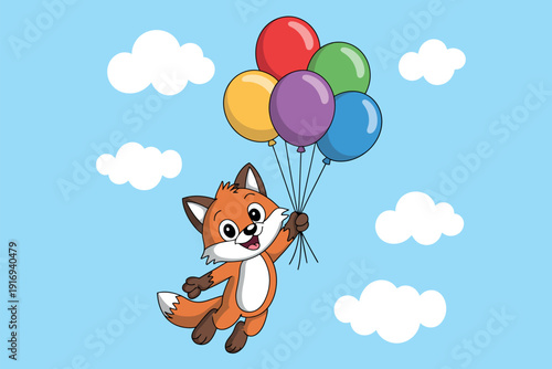 A cartoon fox is flying in the air with colorful balloons and clouds in the background.