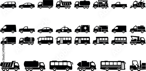 Large Vehicle and Construction Icon Set Featuring Heavy Machinery Transport Trucks Commercial Vans Industrial Tools 