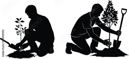 Silhouettes of two people planting trees with shovels in a garden or park