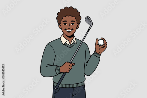 A smiling young man holding a golf club and ball in a casual outfit