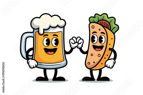 A cartoon beer mug and taco character giving a high-five in a fun and playful illustration.