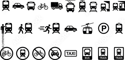 Transportation and public transit icon set featuring train, bus, car, bicycle, taxi, parking, railway stations, and urban commute symbols for navigation and travel infographics vector