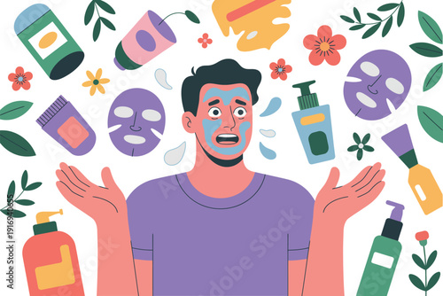 A man looking confused and overwhelmed by various skincare products and masks surrounding him.