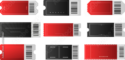 Collection of blank event tickets in red and black with barcode details
