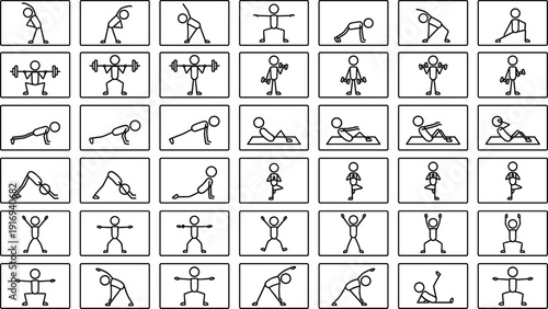 Versatile collection of black stick figure icons and line art silhouettes depicting fitness exercises, gym workouts, yoga poses, daily life activities, and workplace safety symbols.