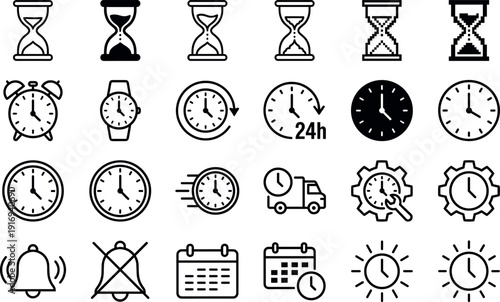 Vector icon set of time and management symbols featuring clocks, hourglasses, calendars, and delivery symbols in a minimalist black line art style for business.