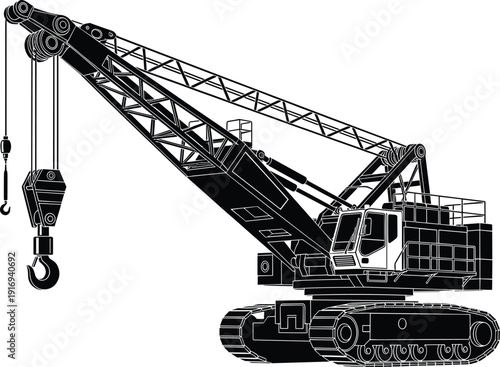 Crawler crane silhouette with lattice boom, heavy construction equipment vector art, industrial lifting machine illustration, tracked vehicle design, engineering concept, flat vector illustration