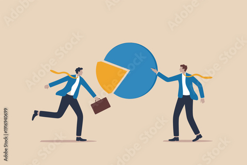 Businessman running away with a piece of a pie chart while his colleague points at the remainder. Vector, illustration