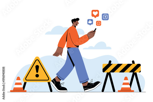 A man walks past construction signs while using his smartphone and surrounded by social media icons