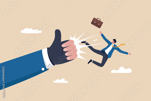 Businessman being flicked away by a giant thumb representing corporate rejection or layoff Vector, illustration