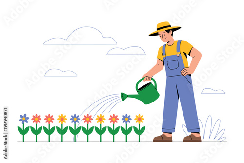 A cartoon man wearing overalls and a hat waters a row of colorful flowers in a garden.