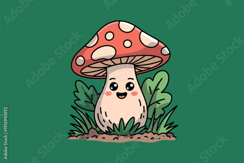 A cartoon mushroom with a smiling face is standing in the grass