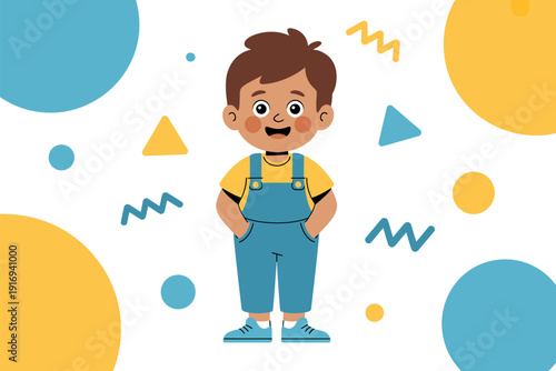 A cheerful cartoon boy standing confidently with his hands in his pockets surrounded by colorful geometric shapes