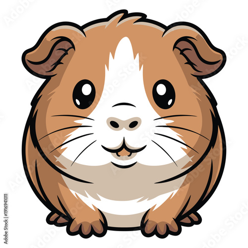 Cute cartoon illustration of a brown and white guinea pig with big eyes and whiskers, happy expression