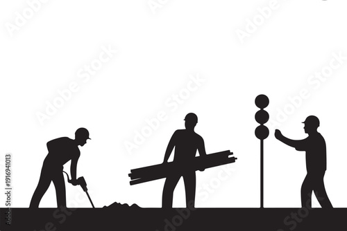 Three construction workers building a road with a traffic signal