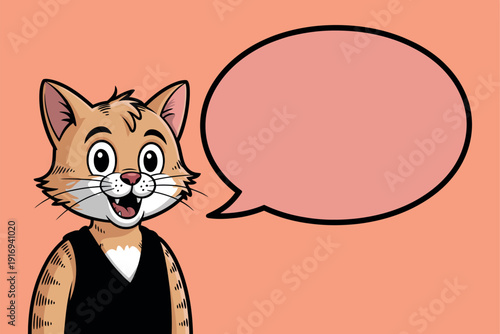A cartoon cat with a speech bubble is ready to communicate in a playful and humorous way.