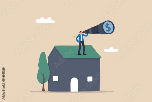 Businessman standing on a house roof looking through a large telescope with a dollar sign on it. Vector, illustration