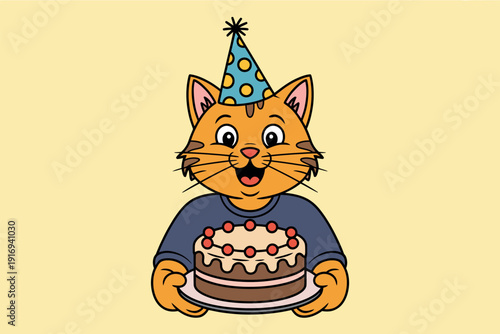 A happy cartoon cat wearing a party hat holds a birthday cake with a cheerful expression on its face.