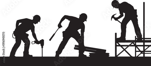 Three construction workers in silhouette performing different tasks