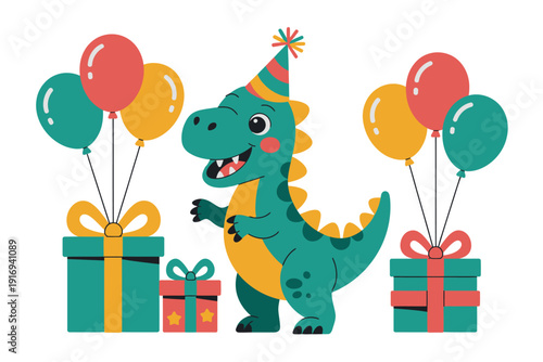 A happy cartoon dinosaur wearing a party hat stands next to colorful gifts and balloons on a white background.