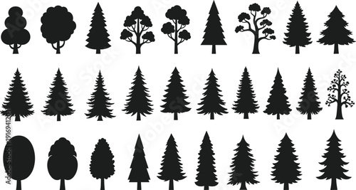 Black vector silhouette set of various forest trees including pine spruce fir and oak for nature landscaping environmental conservation park and outdoor woodland branding