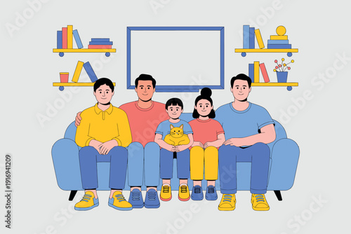A diverse family of five sitting together on a blue couch in a cozy living room with bookshelves and a blank TV screen.