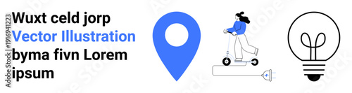 Navigation, eco-friendly commuting, creativity, innovation, energy, modern solutions. Blue location pin, person on a scooter and lightbulb icon. Navigation and eco-friendly commuting concept