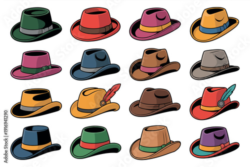 A colorful collection of various hats with different styles and designs on a white background