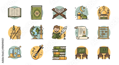 Collection of flat line icons representing diverse subjects for Islamic education concepts