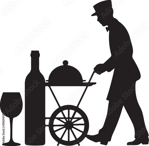 Waiter carrying food cart with wine bottle and glass