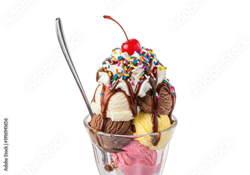 Delicious ice cream sundae with whipped cream and cherry