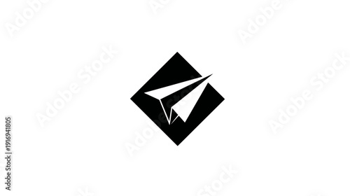 A geometric illustration of a paper airplane inside a black diamond on a white background