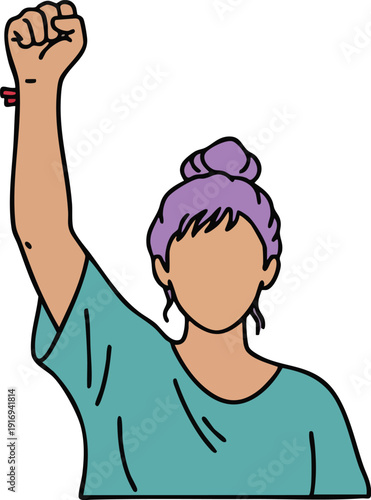 Determined woman with raised fist showing strength and protest.