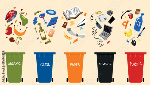 Set of five recycling trash bins for waste sorting. Recycle and management. Containers for different garbage. electronics, organic, paper, plastic pollution and glass