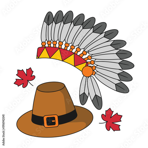 Thanksgiving symbols native american headdress and pilgrim hat with autumn leaves