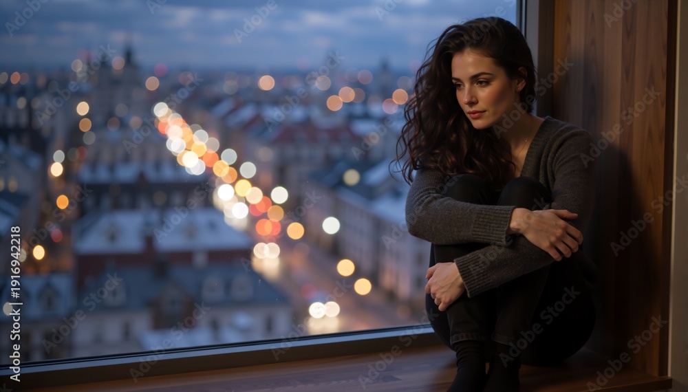 Fototapeta premium Pensive young woman sitting on window sill looking at city lights. Sad female thinking alone at home during night. Loneliness and contemplation concept