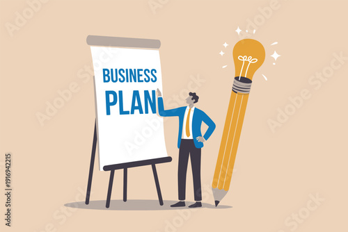 Businessman presenting a business plan on a whiteboard with a giant pencil lightbulb idea. Vector, illustration