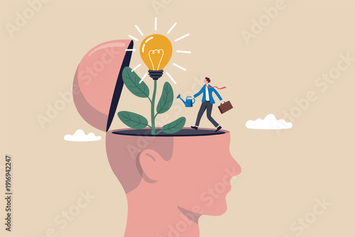 Conceptual illustration of a businessman nurturing ideas inside a human mind with a lightbulb Vector, illustration