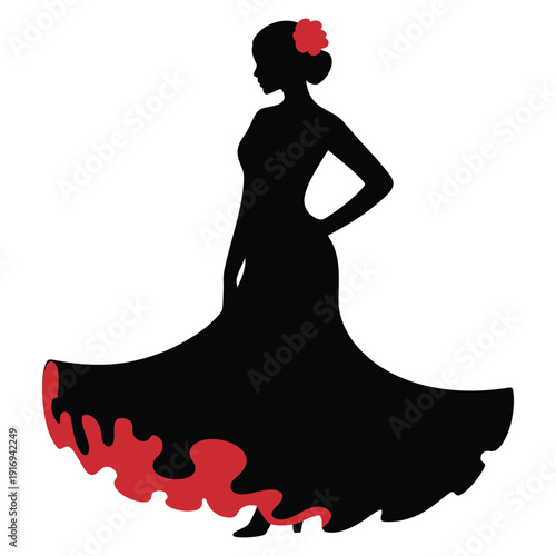 Silhouette of a flamenco dancer with a red flower in her hair and red accents on her dress