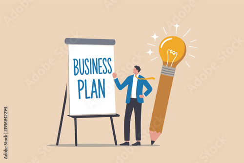 Businessman presenting a business plan next to a giant pencil with a glowing lightbulb Vector, illustration