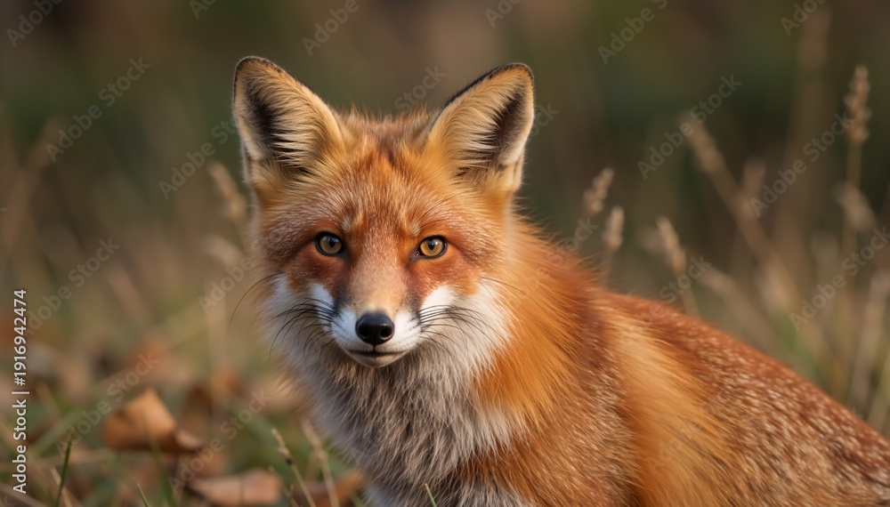 Fototapeta premium Close up portrait of a red fox in the wild. Wildlife headshot of a fox with orange fur and amber eyes. Natural forest background with autumn leaves