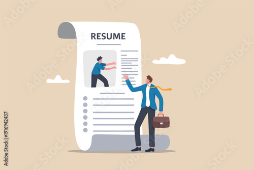 Businessman in a suit reviewing a large curriculum vitae document for a job application. Vector, illustration