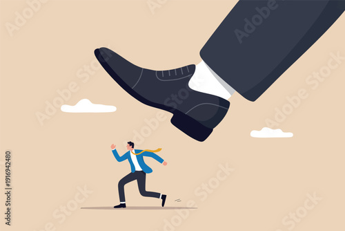 Small businessman running away from a giant foot representing corporate power or pressure. Vector, illustration