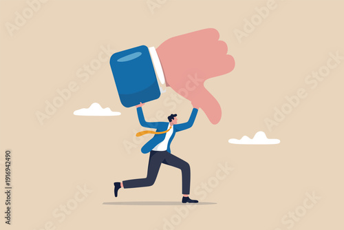 A businessman struggling to carry a giant thumbs down icon representing negative feedback Vector, illustration